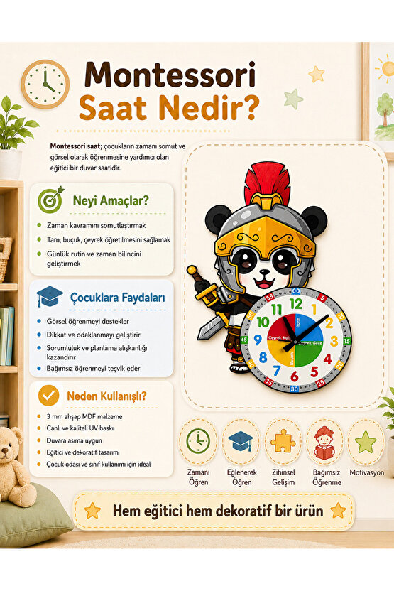 Sevimli Şövalye Panda Montessori Çocuk Odası Eğitici Ahşap Duvar Saati - Sessiz, Şık Tasarım