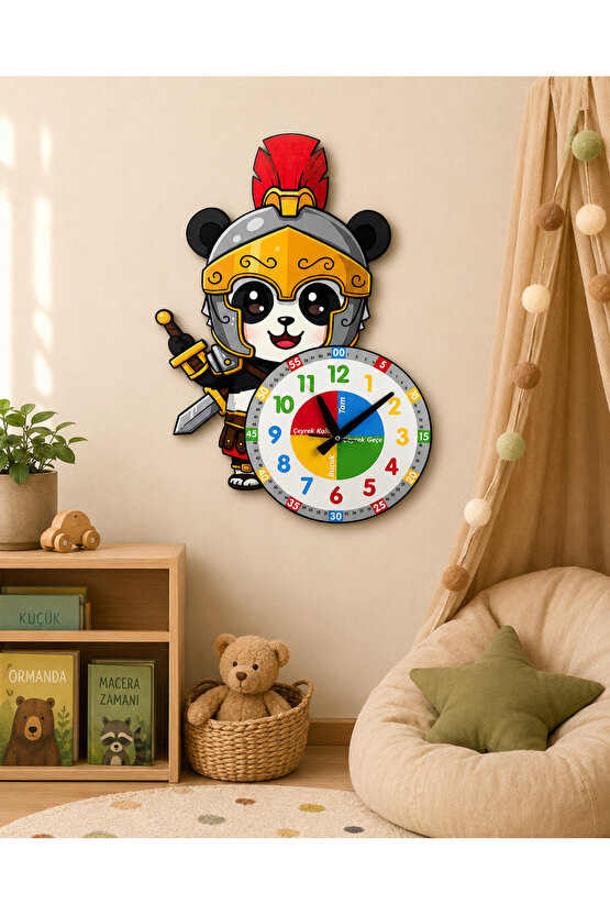 Sevimli Şövalye Panda Montessori Çocuk Odası Eğitici Ahşap Duvar Saati - Sessiz, Şık Tasarım