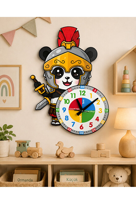 Sevimli Şövalye Panda Montessori Çocuk Odası Eğitici Ahşap Duvar Saati - Sessiz, Şık Tasarım