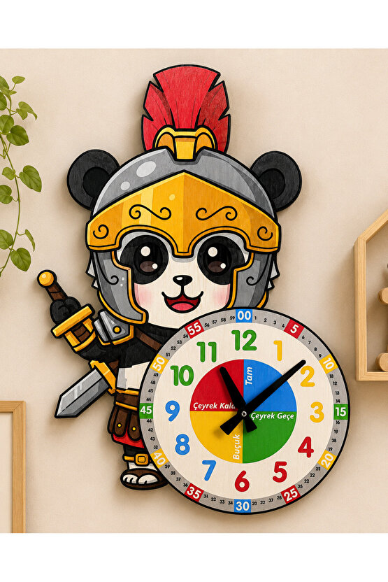 Sevimli Şövalye Panda Montessori Çocuk Odası Eğitici Ahşap Duvar Saati - Sessiz, Şık Tasarım