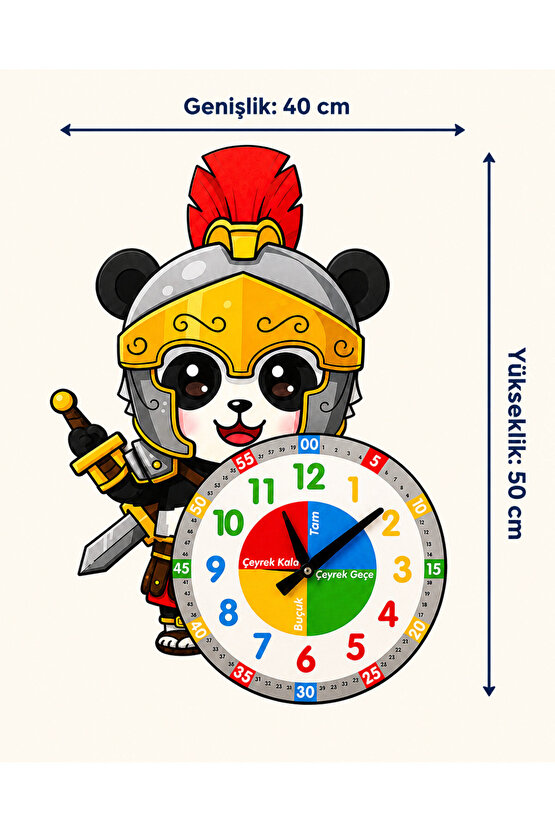 Sevimli Şövalye Panda Montessori Çocuk Odası Eğitici Ahşap Duvar Saati - Sessiz, Şık Tasarım