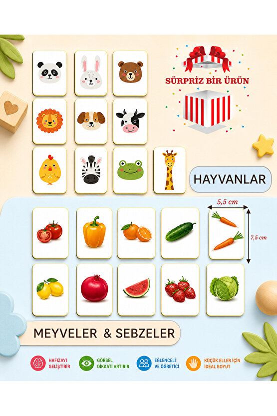 Zeka Kartları Eğitici Oyuncak Hafıza Kartı Hayvan Ve Meyveler Eğitici Puzzle Oyuncak ( 5,5 X 7,5 Cm)