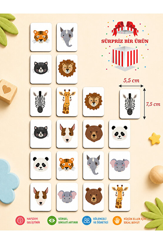 Zeka Kartları Eşleştirme Oyunu Sevimli Hayvan Hafıza Kartı Ahşap Eğitici Puzzle Oyuncak (5,5X7,5 CM)
