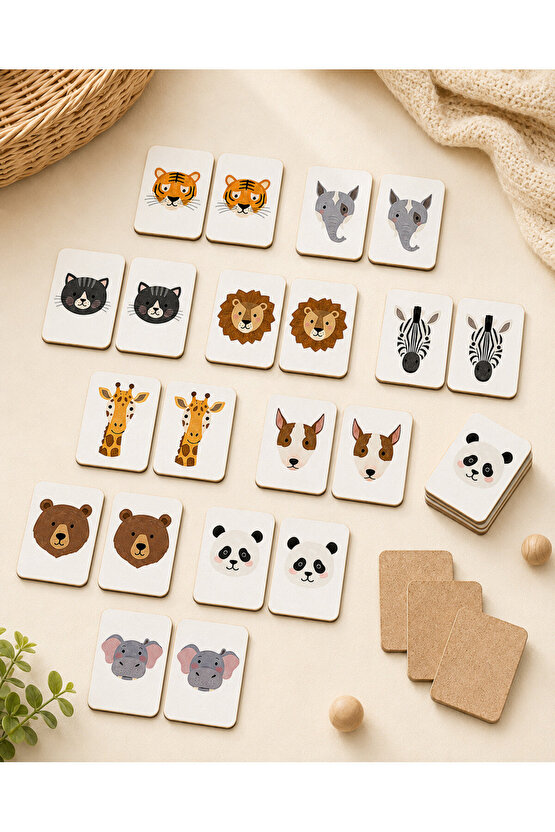 Zeka Kartları Eşleştirme Oyunu Sevimli Hayvan Hafıza Kartı Ahşap Eğitici Puzzle Oyuncak (5,5X7,5 CM)