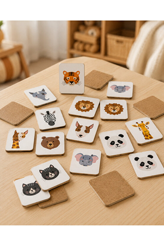 Zeka Kartları Eşleştirme Oyunu Sevimli Hayvan Hafıza Kartı Ahşap Eğitici Puzzle Oyuncak (5,5X7,5 CM)