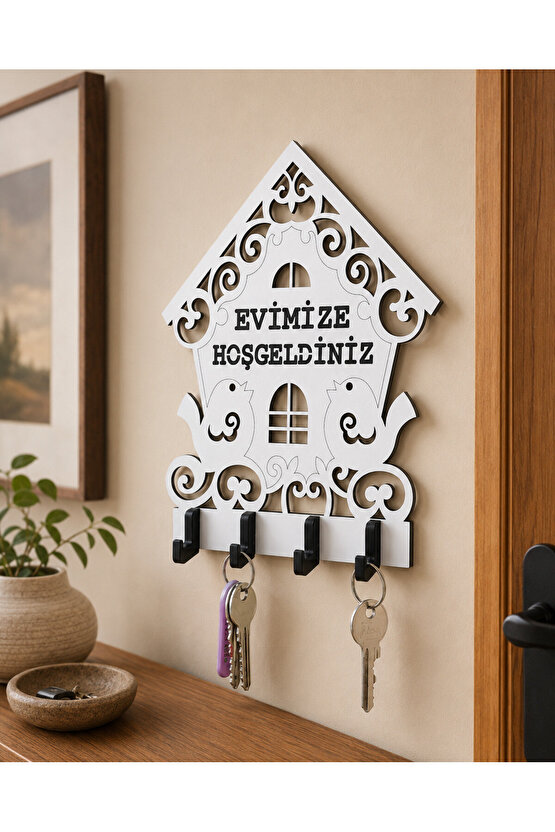 Evimize Hoşgeldiniz Kuş Ev Temalı Ahşap Anahtarlık Askısı 20 X 19 Cm