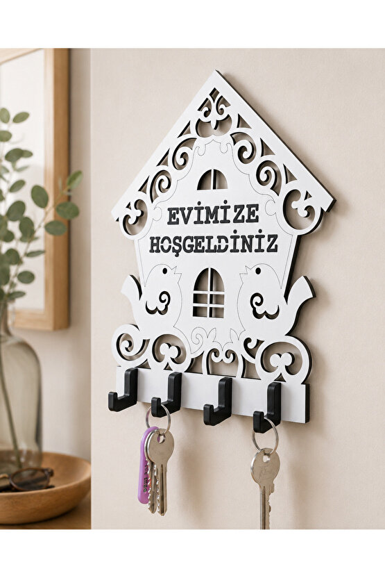 Evimize Hoşgeldiniz Kuş Ev Temalı Ahşap Anahtarlık Askısı 20 X 19 Cm