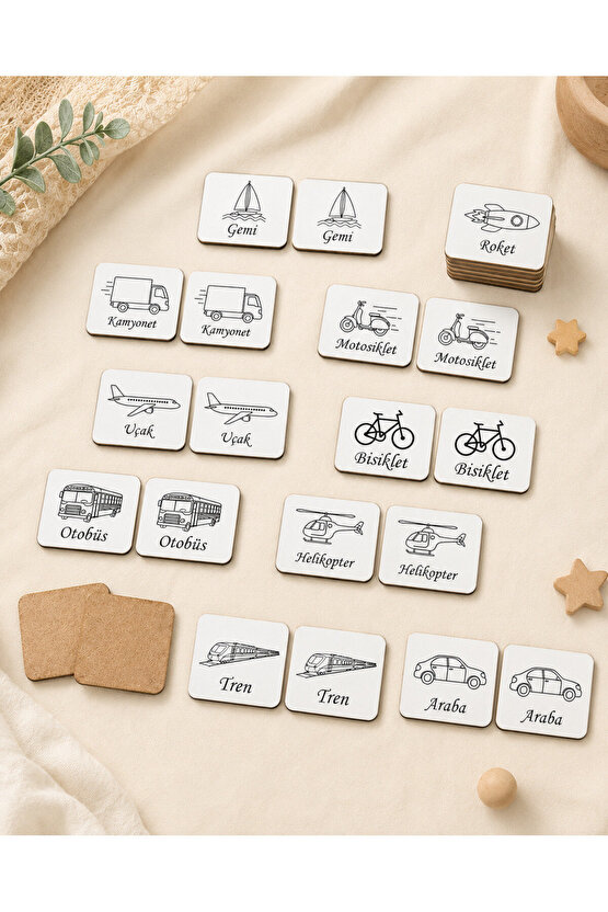Zeka Kartları Ahşap Eğitici Hafıza Eşleştirme Oyunu Araba Eğitici Puzzle Oyuncak Kartoyunu 5,5x7,5cm