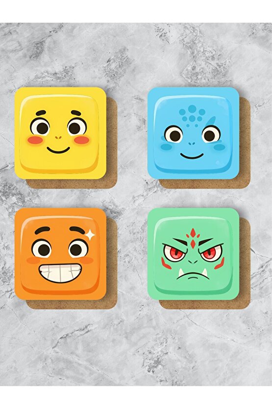 Sevimli Yüz Ifadeleri Temalı Renkli Bardak Altlığı – 4’lü Set (9X9 CM)
