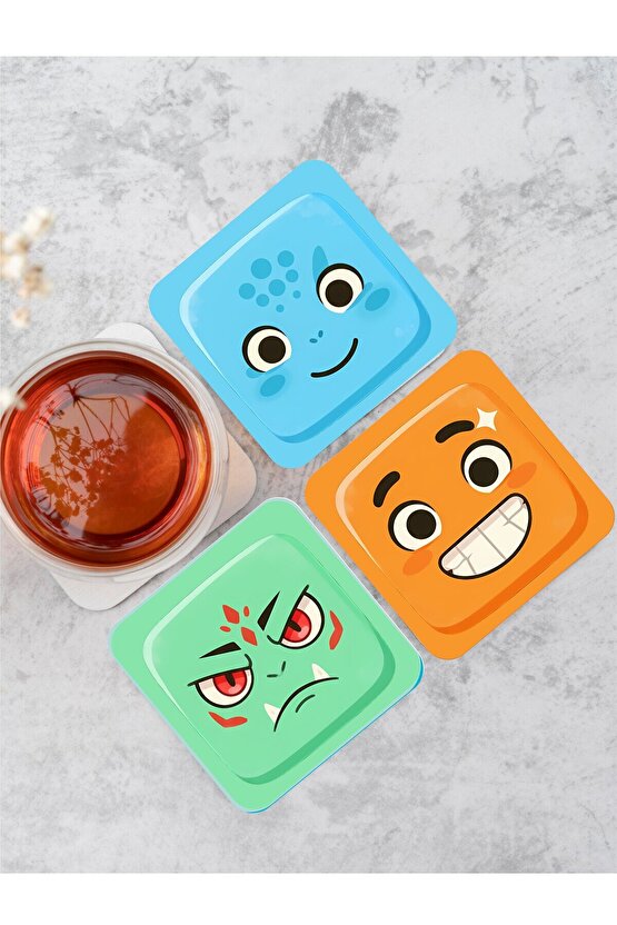 Sevimli Yüz Ifadeleri Temalı Renkli Bardak Altlığı – 4’lü Set (9X9 CM)