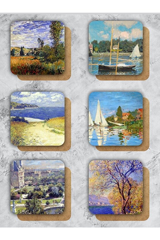Claude Monet Temalı Ahşap Bardak Altlığı Ahşap Baskılı Altlık 6lı Set (9 X9CM)