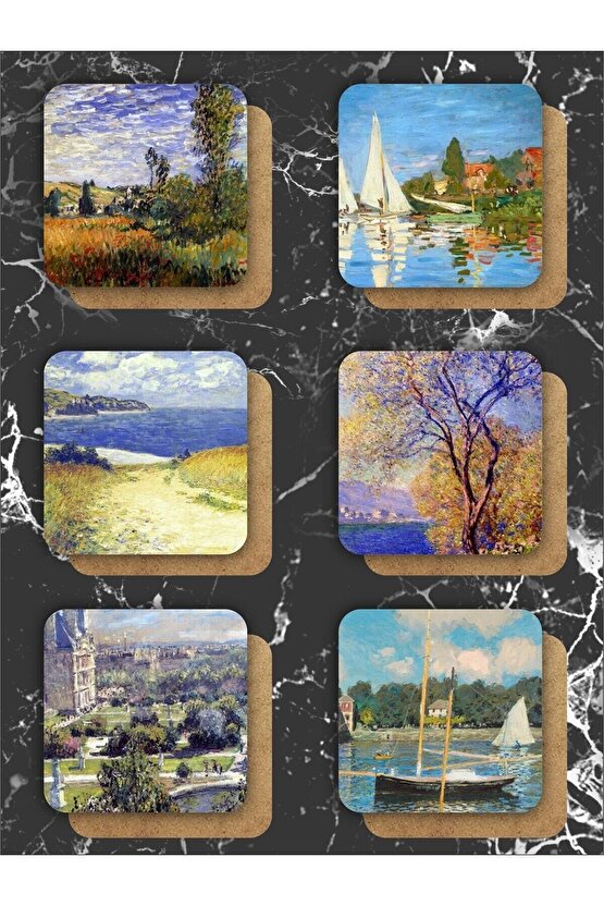 Claude Monet Temalı Ahşap Bardak Altlığı Ahşap Baskılı Altlık 6lı Set (9 X9CM)
