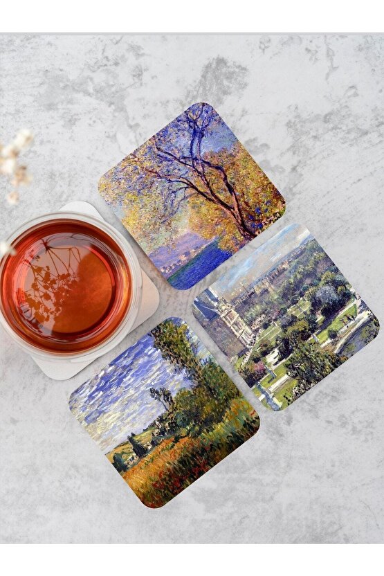 Claude Monet Temalı Ahşap Bardak Altlığı Ahşap Baskılı Altlık 6lı Set (9 X9CM)