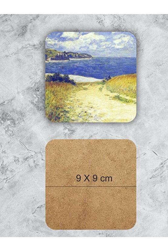 Claude Monet Temalı Ahşap Bardak Altlığı Ahşap Baskılı Altlık 6lı Set (9 X9CM)