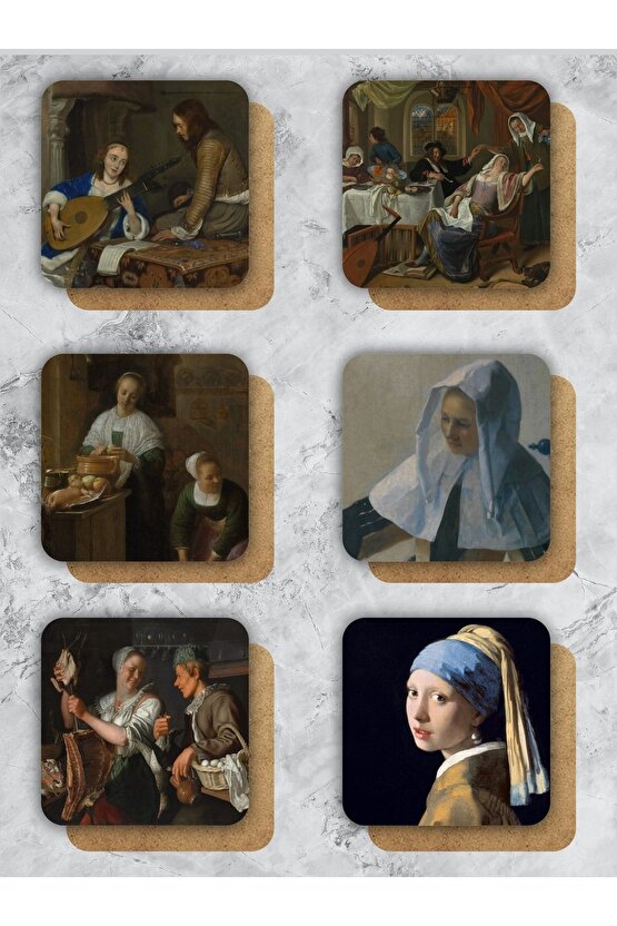 Johannes Vermeer Sanatı Temalı Ahşap Bardak Altlığı Ahşap Baskılı Altlık 6lı Set (9 X9CM)
