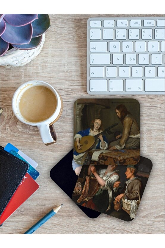 Johannes Vermeer Sanatı Temalı Ahşap Bardak Altlığı Ahşap Baskılı Altlık 6lı Set (9 X9CM)