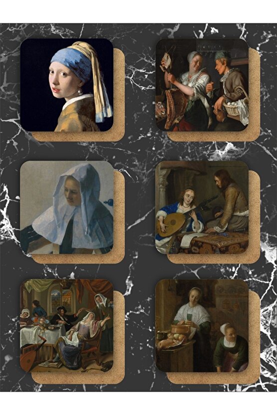 Johannes Vermeer Sanatı Temalı Ahşap Bardak Altlığı Ahşap Baskılı Altlık 6lı Set (9 X9CM)