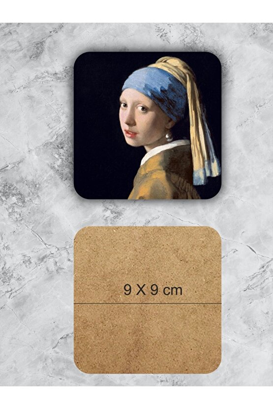 Johannes Vermeer Sanatı Temalı Ahşap Bardak Altlığı Ahşap Baskılı Altlık 6lı Set (9 X9CM)