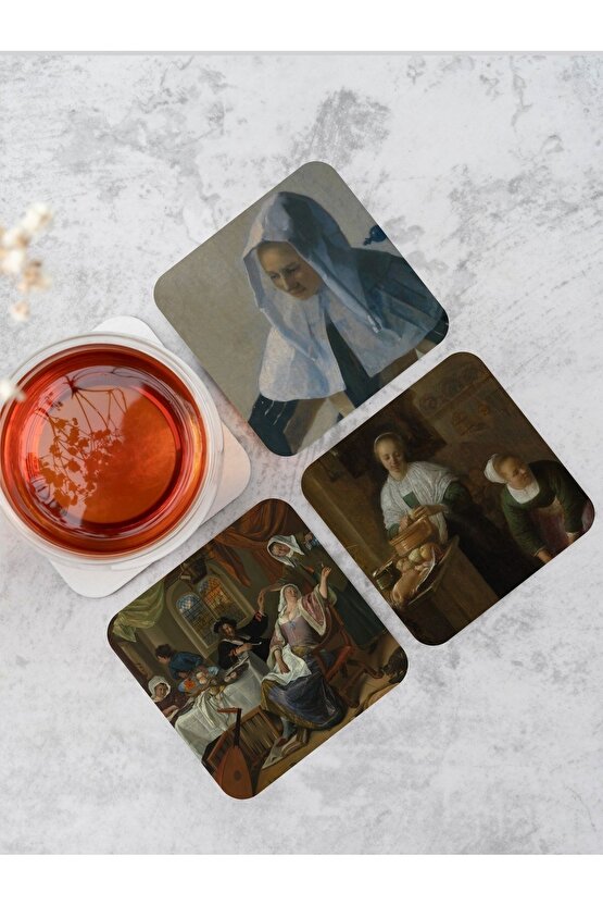 Johannes Vermeer Sanatı Temalı Ahşap Bardak Altlığı Ahşap Baskılı Altlık 6lı Set (9 X9CM)