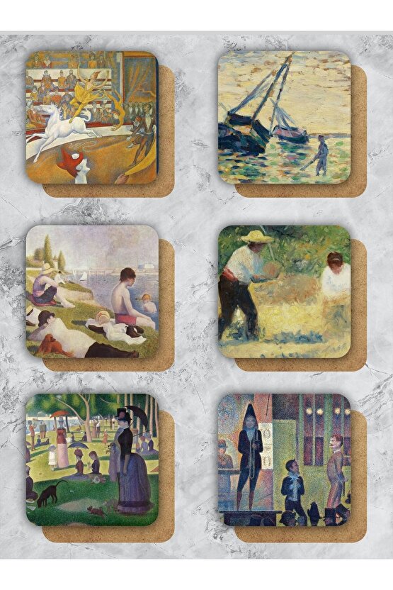 Georges Seura Temalı Ahşap Bardak Altlığı Ahşap Baskılı Altlık 6lı Set (9 X9CM)