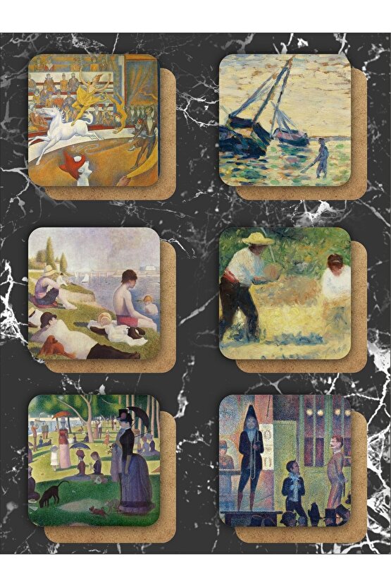 Georges Seura Temalı Ahşap Bardak Altlığı Ahşap Baskılı Altlık 6lı Set (9 X9CM)