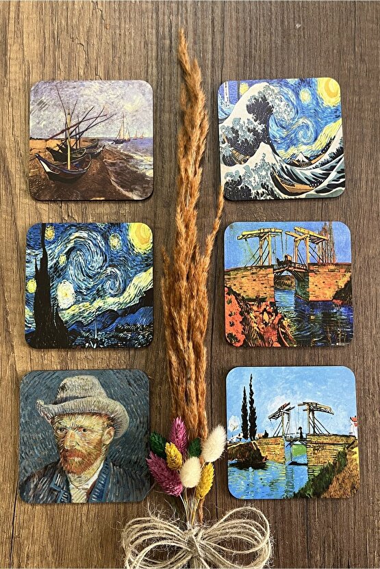Van Gogh Temalı Ahşap Bardak Altlığı Ahşap Baskılı Altlık 6lı Set (9 X9CM)