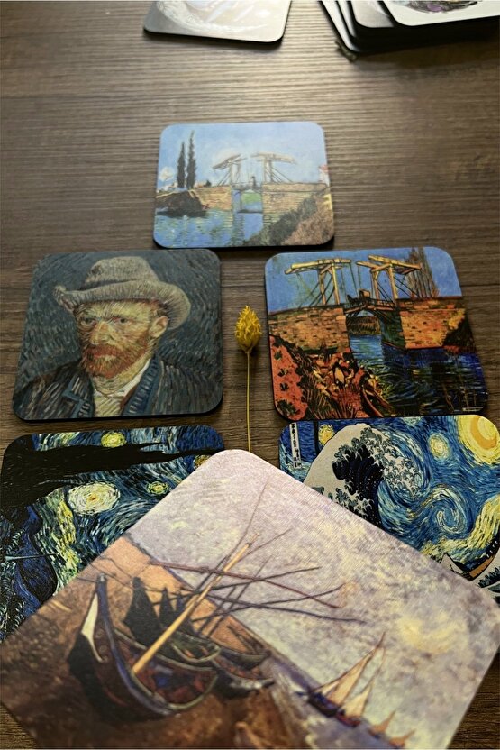 Van Gogh Temalı Ahşap Bardak Altlığı Ahşap Baskılı Altlık 6lı Set (9 X9CM)