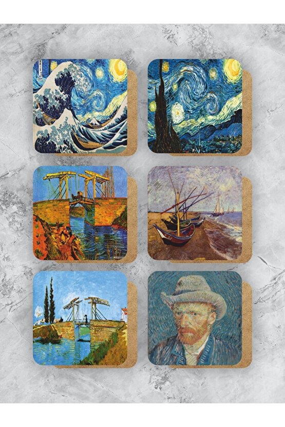Van Gogh Temalı Ahşap Bardak Altlığı Ahşap Baskılı Altlık 6lı Set (9 X9CM)