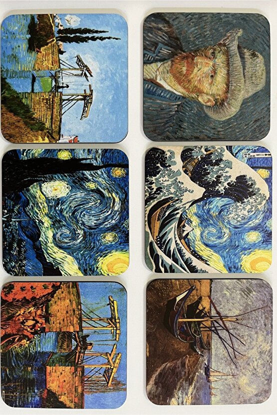 Van Gogh Temalı Ahşap Bardak Altlığı Ahşap Baskılı Altlık 6lı Set (9 X9CM)