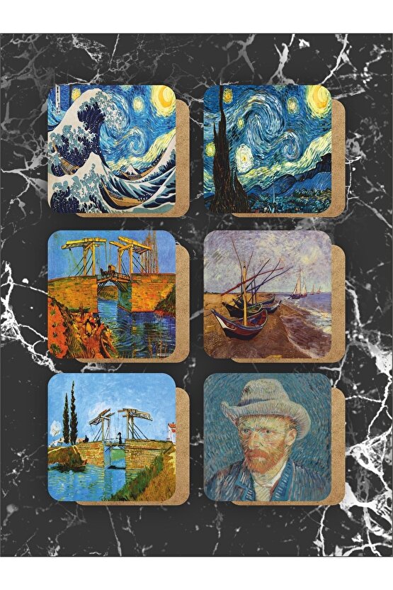 Van Gogh Temalı Ahşap Bardak Altlığı Ahşap Baskılı Altlık 6lı Set (9 X9CM)