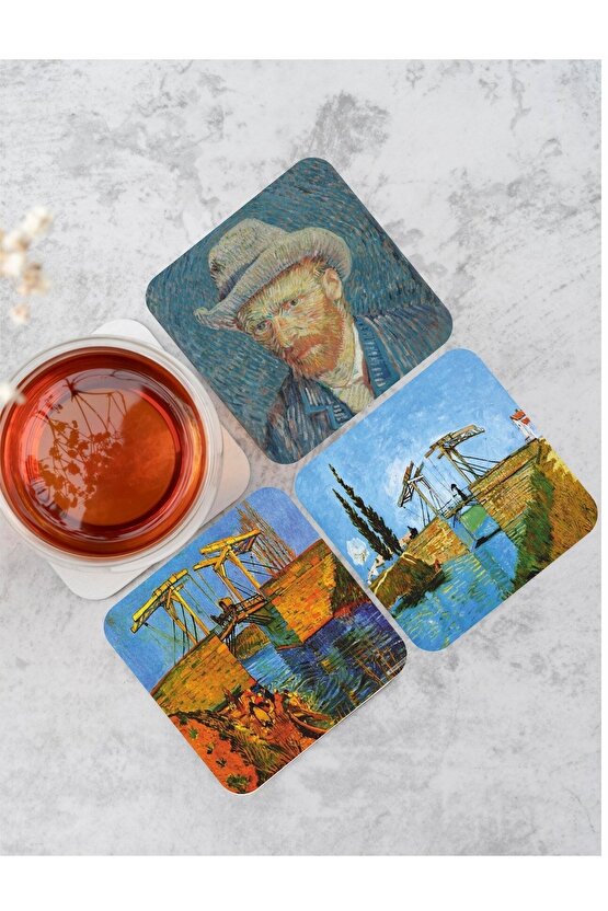 Van Gogh Temalı Ahşap Bardak Altlığı Ahşap Baskılı Altlık 6lı Set (9 X9CM)