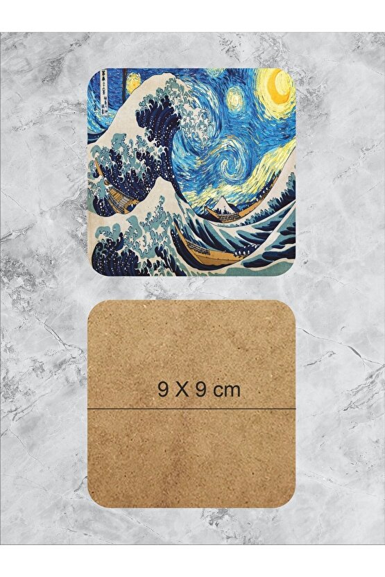 Van Gogh Temalı Ahşap Bardak Altlığı Ahşap Baskılı Altlık 6lı Set (9 X9CM)