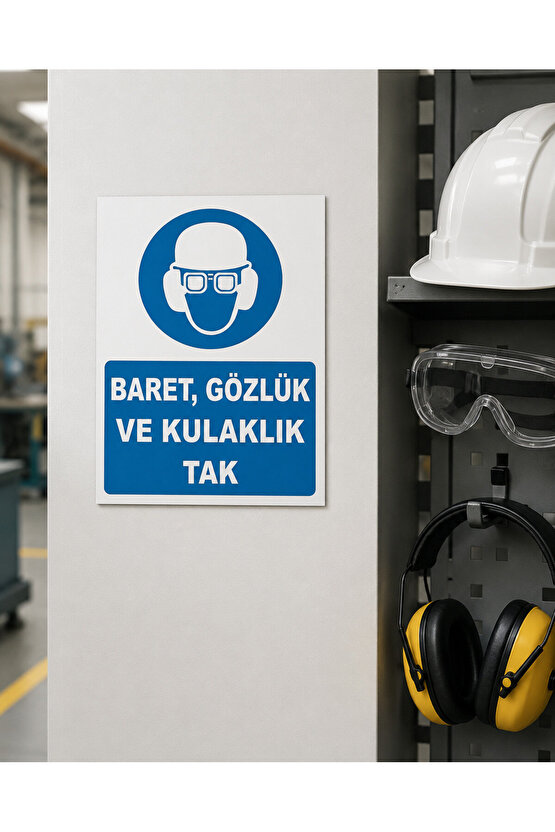 Iş Güvenliği Uyarı Levhası Baret, Gözlük Ve Kulaklık Tak