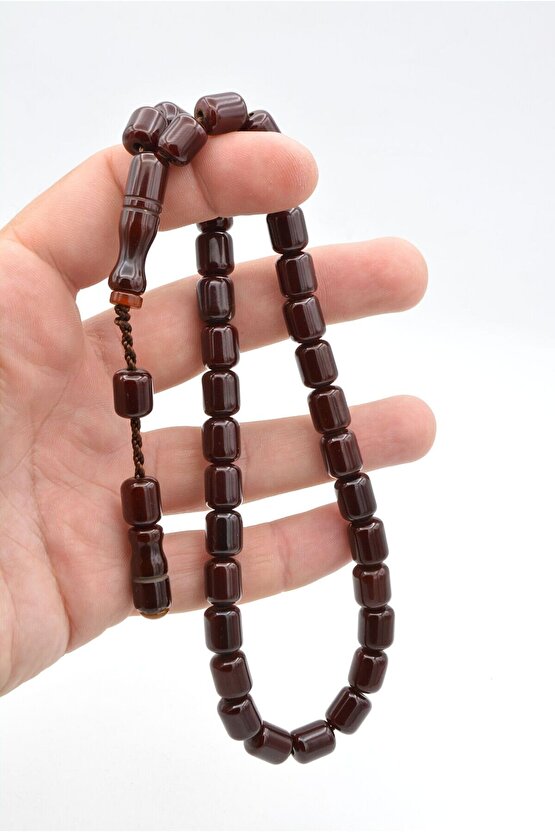 Zeyzun İmzalı Fıçı Kesim Kahverengi Sıkma Kehribar Tesbih