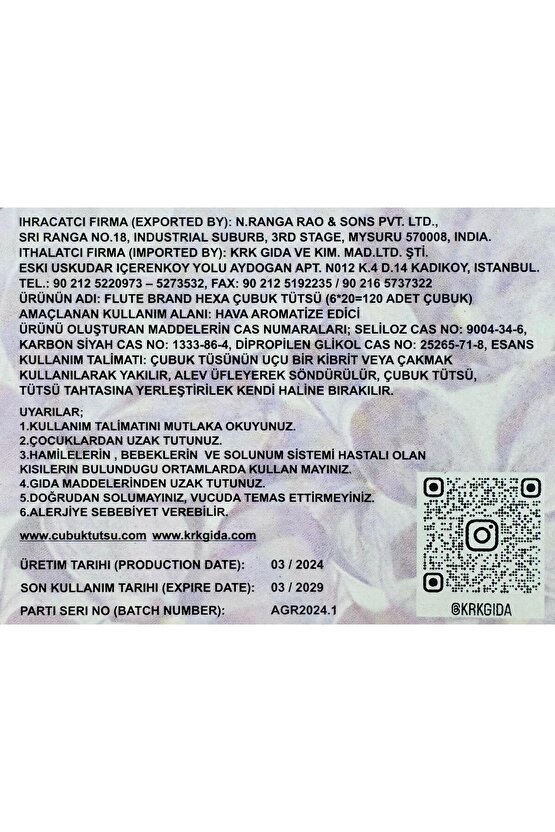 Çubuk Tütsü (LEYLAK) Hexa Lilac 1 Adet=20 Çubuk