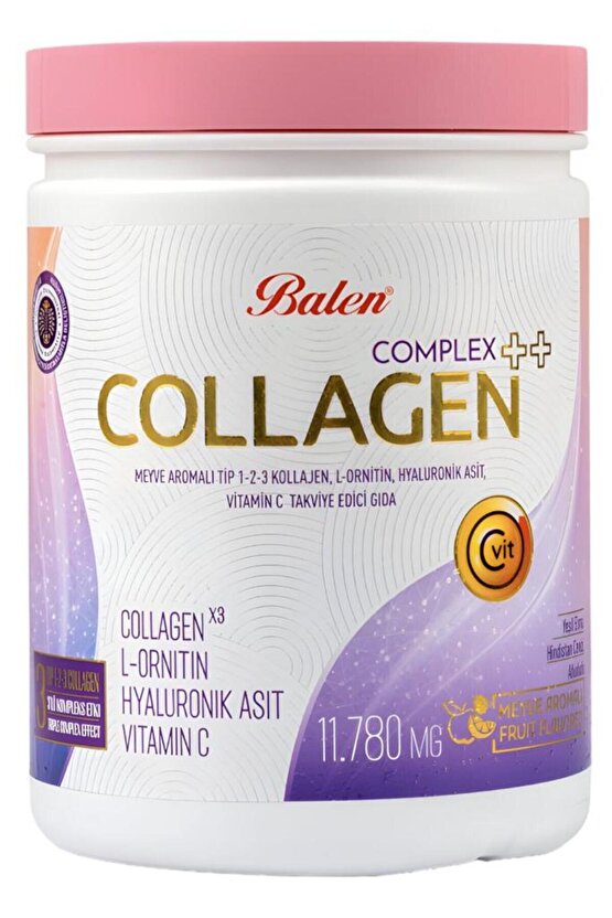COLLAGEN COMPLEX ++ MEYVE AROMALI TİP 1,2,3 KOLAJEN , L-ORNİTİN, HYALURONİK ASİT, VİTAMİN C