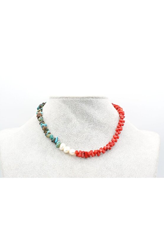 Choker Model Doğal Kırmızı Mercan Turkuaz ve İnci Kolye