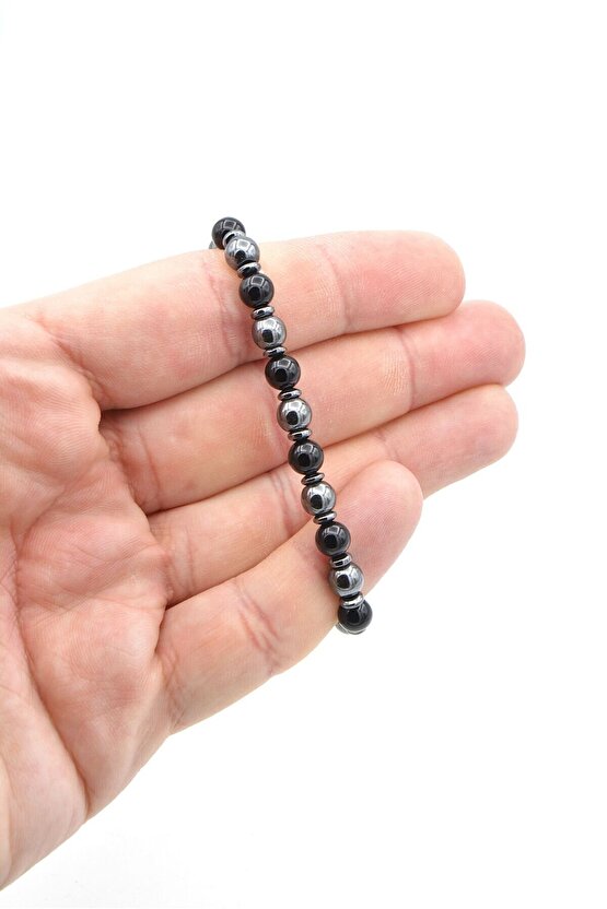 Makrome Model Hakiki Hematit ve Oniks Taşı Bileklik 6 Mm