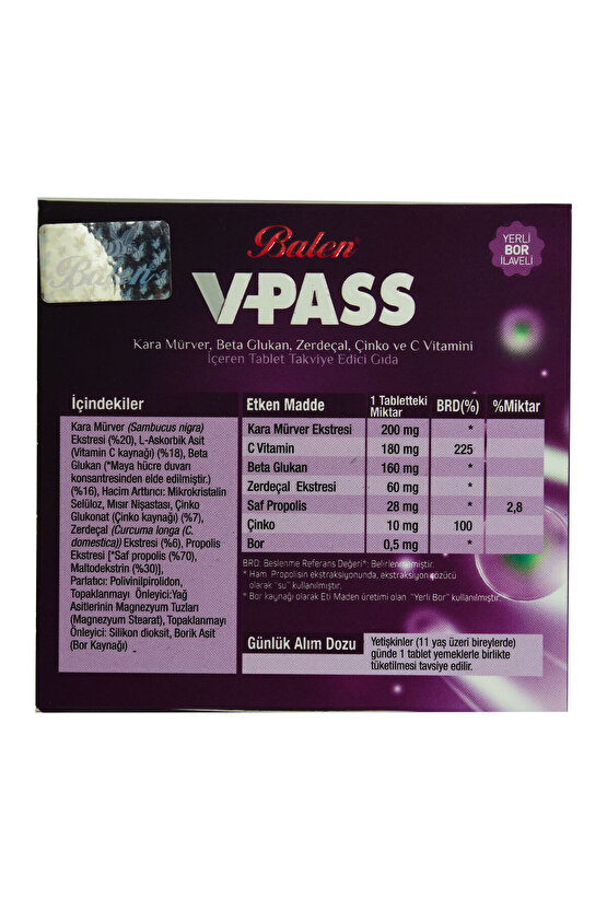 V-Pass Kara Mürverli Zerdeçallı Çinko ve C Vitaminli 1000 Mg X 30 Tablet