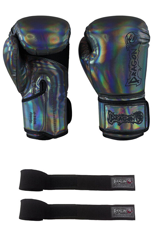 Glossy Kick Boks Eldiveni Muay Thai Müsabaka ve Antreman Eldiveni Bandajlı 2li Set