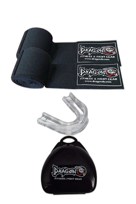 Giftoomsport- Profesyonel Kutulu Boks Dişliği-şeffaf-ve 3,5 M.siyah Boks Bandaj 2li Set