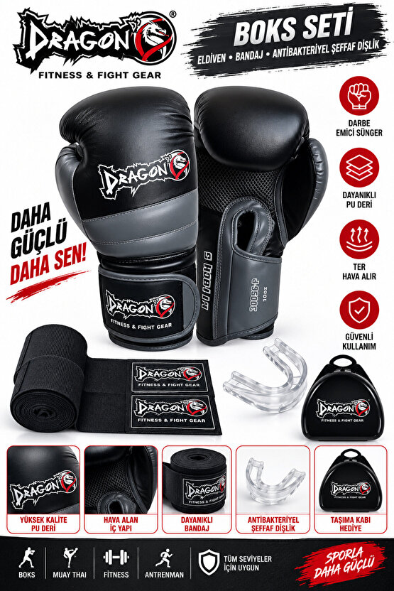 Dragon Attack 6 Boks Eldiveni Kick Boks Muay Thai Boks Eldiveni Bandaj  Ve Dişlik 3lü Set