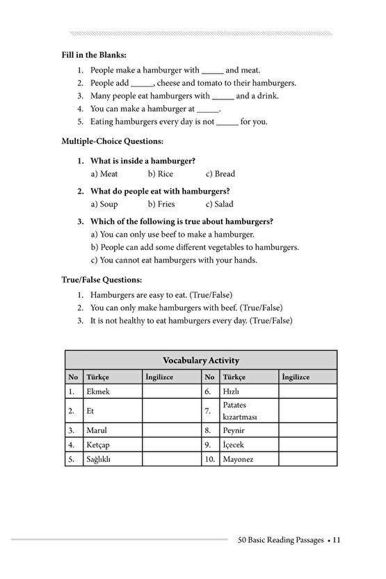 50 Basic Reading Passages  Aksen Kahraman  İkinci Adam Yayınları  9786253735586