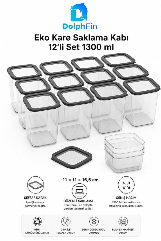 Kare Saklama Kabı 12li Set 1300 ml Siyah