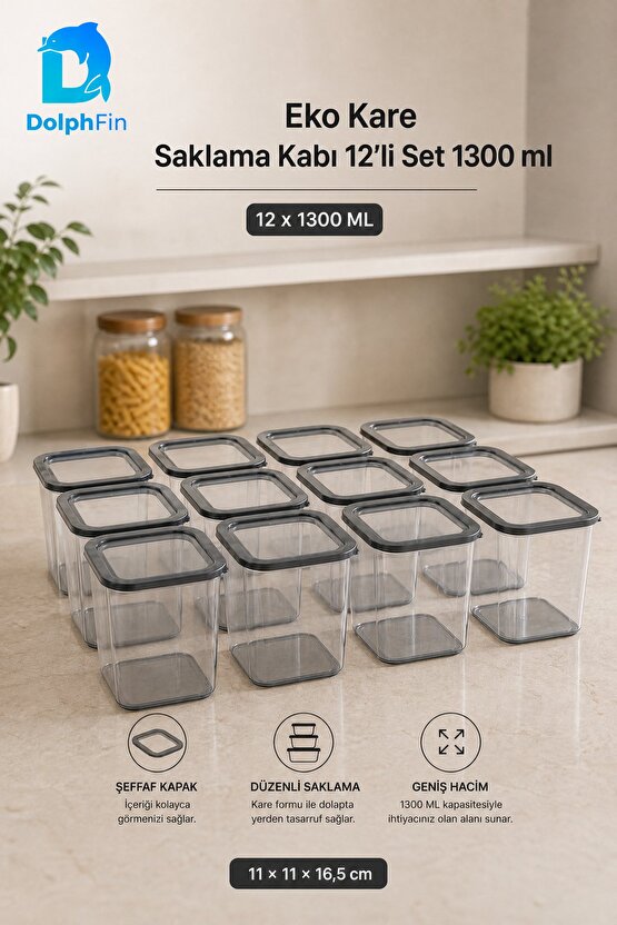 Kare Saklama Kabı 12li Set 1300 ml Siyah