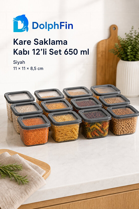 Kare Saklama Kabı 12li Set 650 ml Siyah