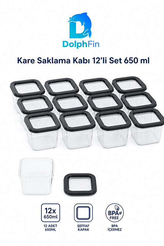 Kare Saklama Kabı 12li Set 650 ml Siyah