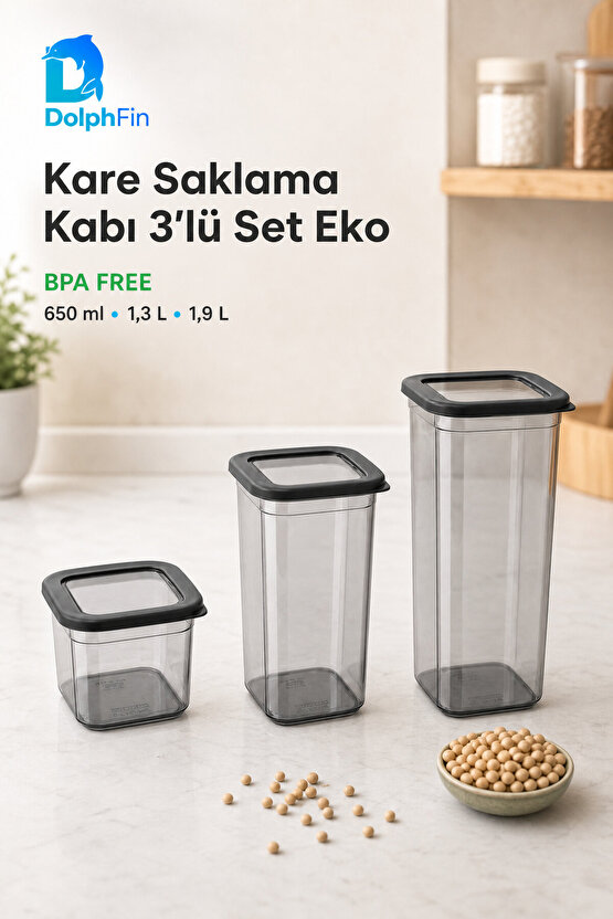 Kare Saklama Kabı 3lü Set Siyah 650-1300-1900 ml