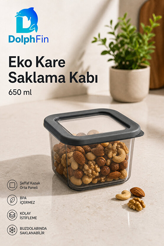 Eko Kare Saklama Kabı 650 ml Siyah 11 × 11 × 8,5 cm