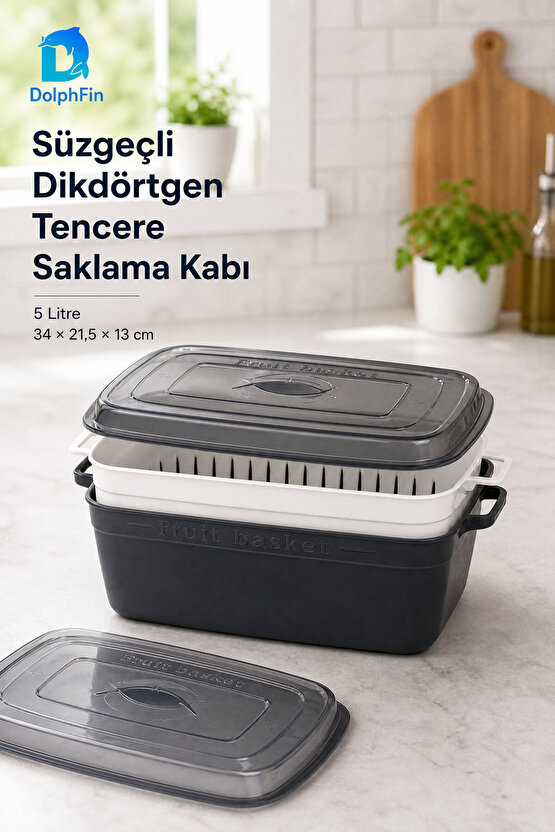 Süzgeçli Dikdörtgen Saklama Kabı Siyah 5 L 34 × 21,5 × 13 cm